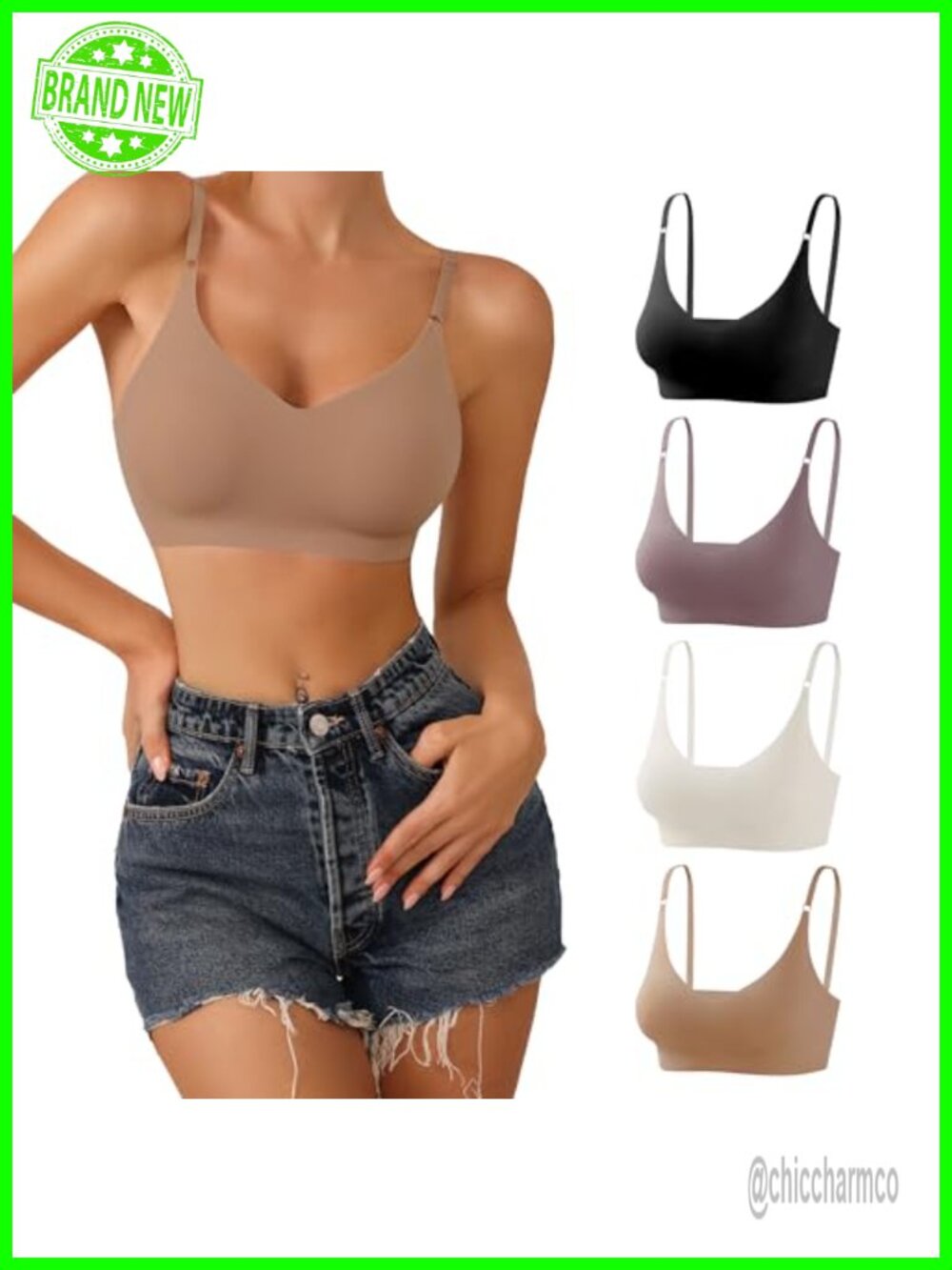 Women's V Neck Seamless Padded Bralette 4 Pack Adjustable Straps Everyday